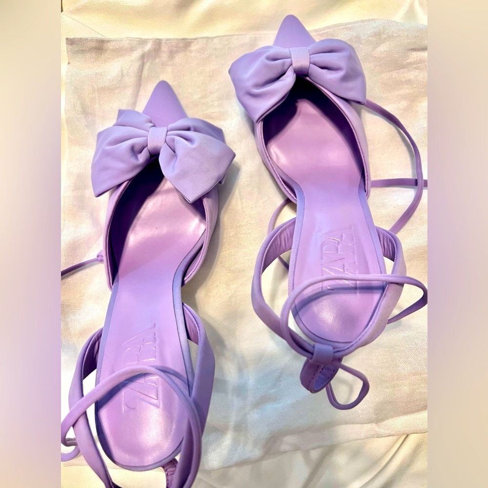 Brand new Zara lavender sling back heels. ties around the ankle.